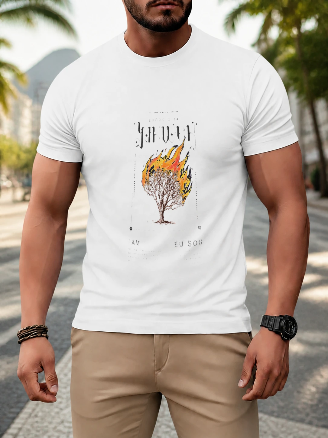 Camiseta dry Êxodo 3:14 · Yahweh em cena de uso no Brasil