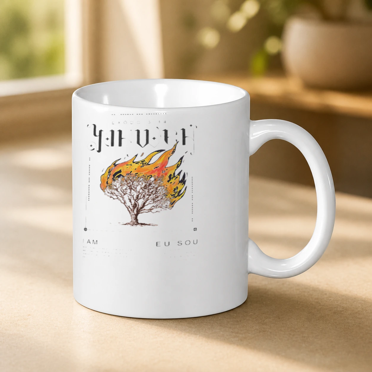 Caneca 325 ml Êxodo 3:14 · Yahweh em cena de uso no Brasil