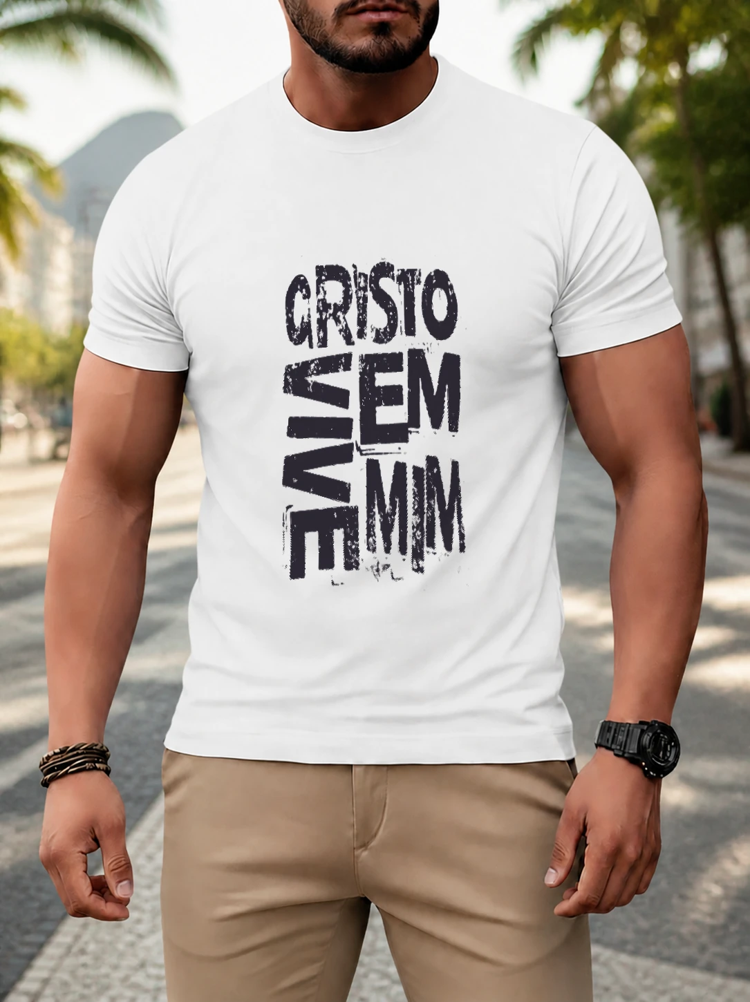 Camiseta dry Cristo Vive em Mim em cena de uso no Brasil