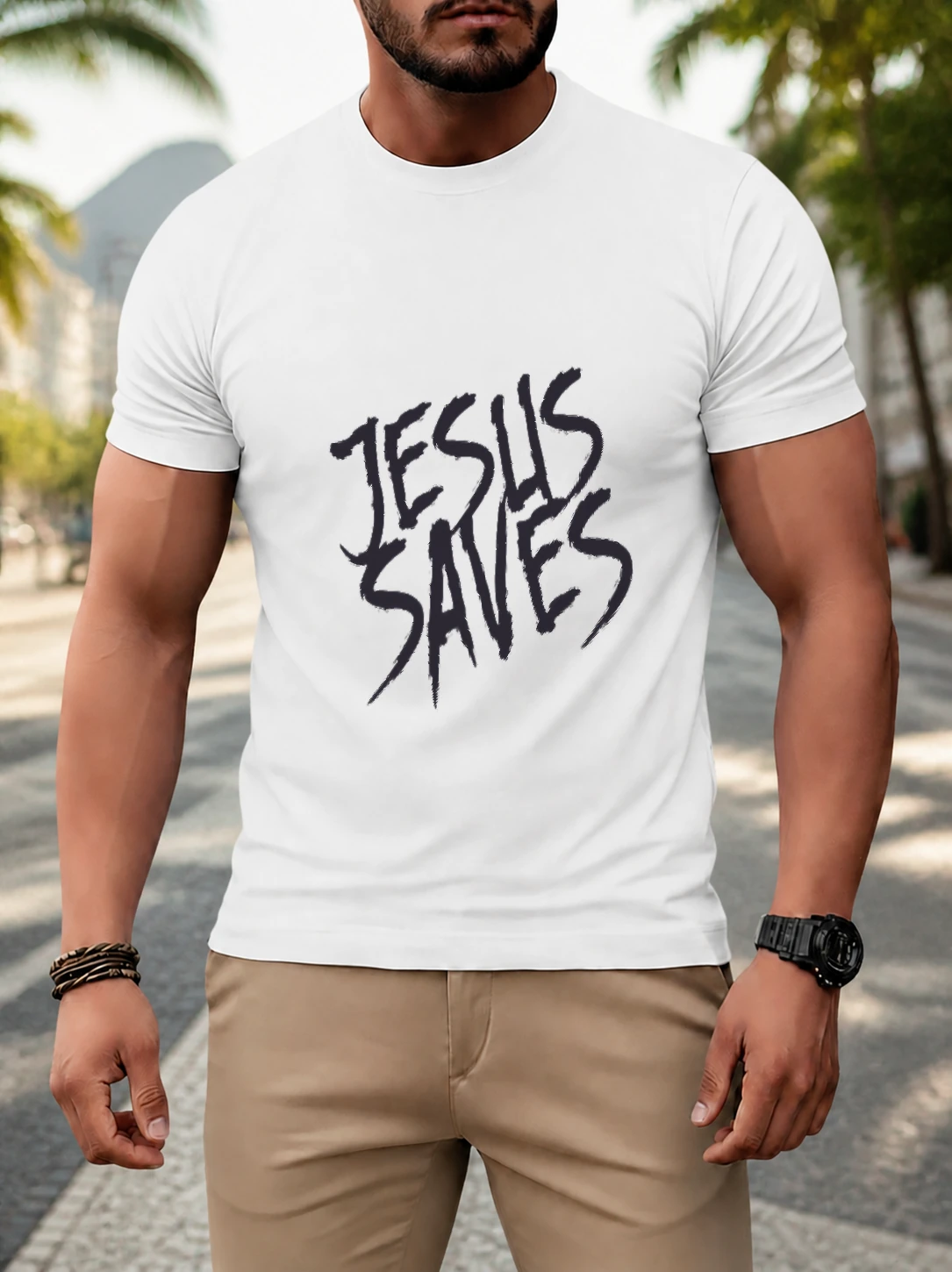 Camiseta dry Jesus Saves M-1 em cena de uso no Brasil