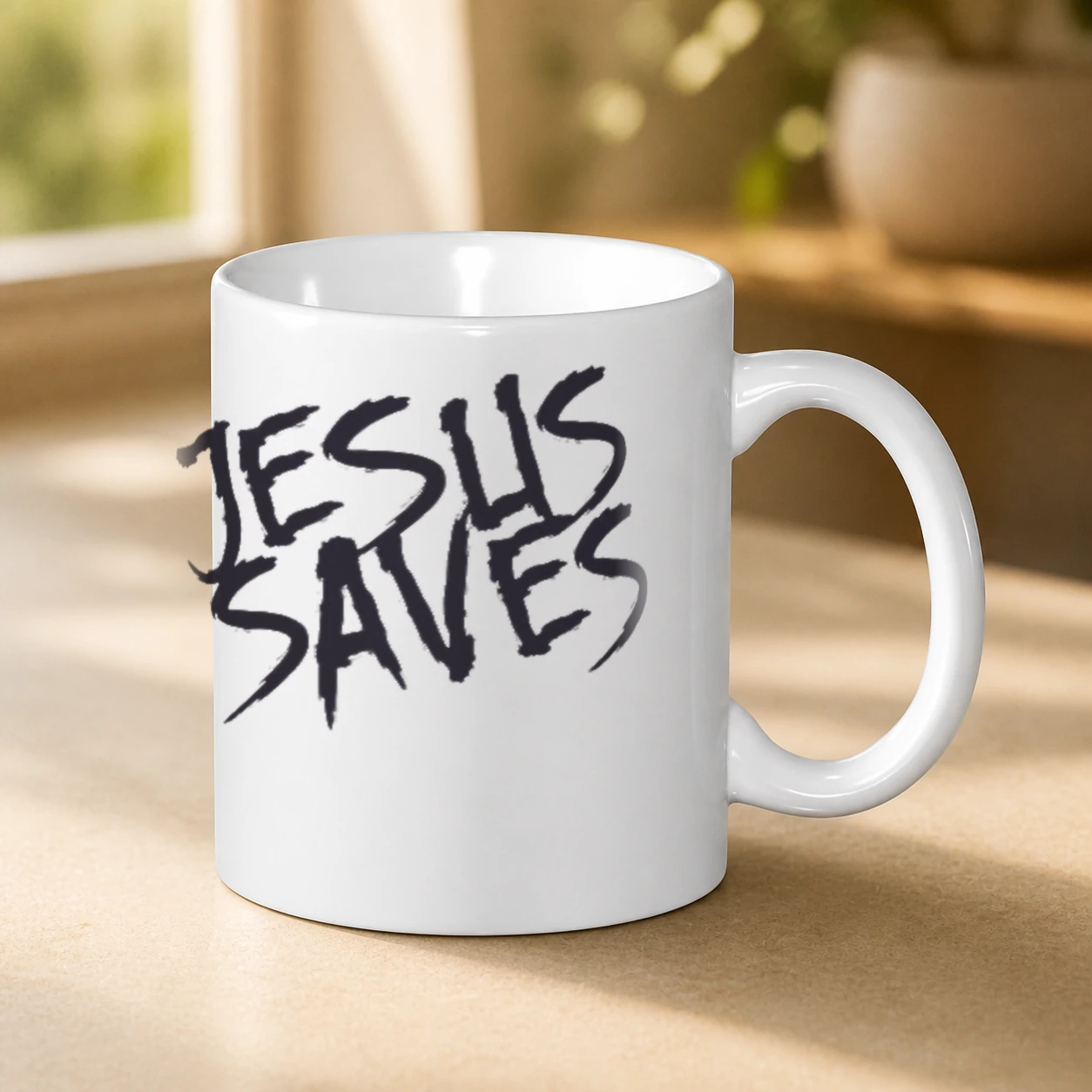 Caneca 325 ml Jesus Saves M-1 em cena de uso no Brasil