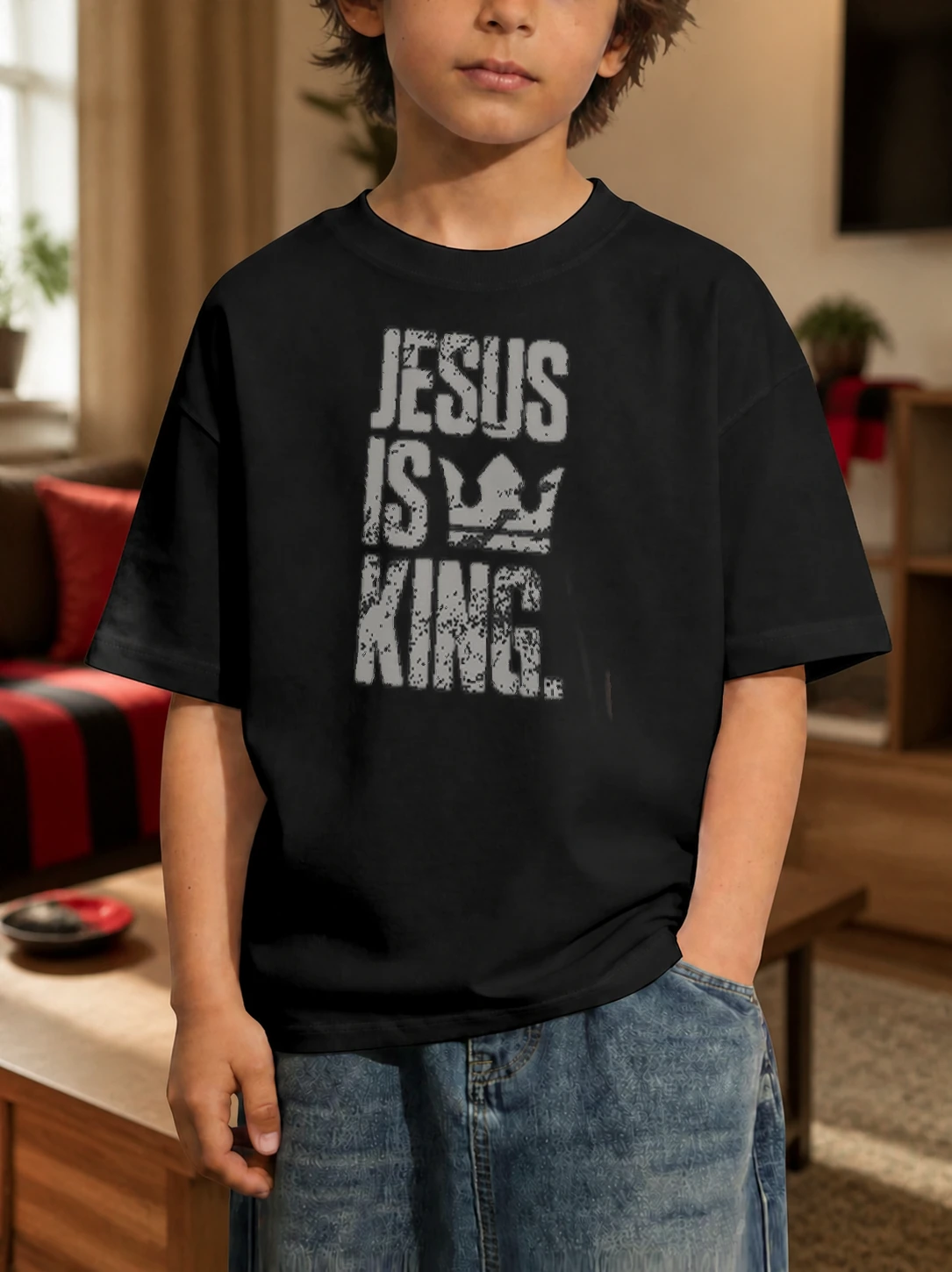 Camiseta infantil 180g Jesus Is King M-2 em cena de uso no Brasil