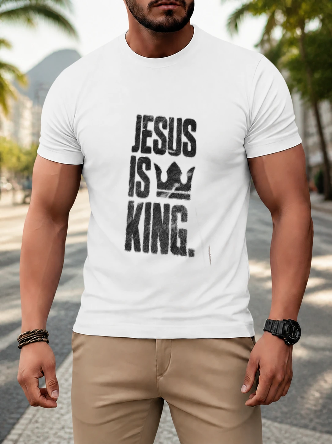 Camiseta dry Jesus Is King M-2 em cena de uso no Brasil