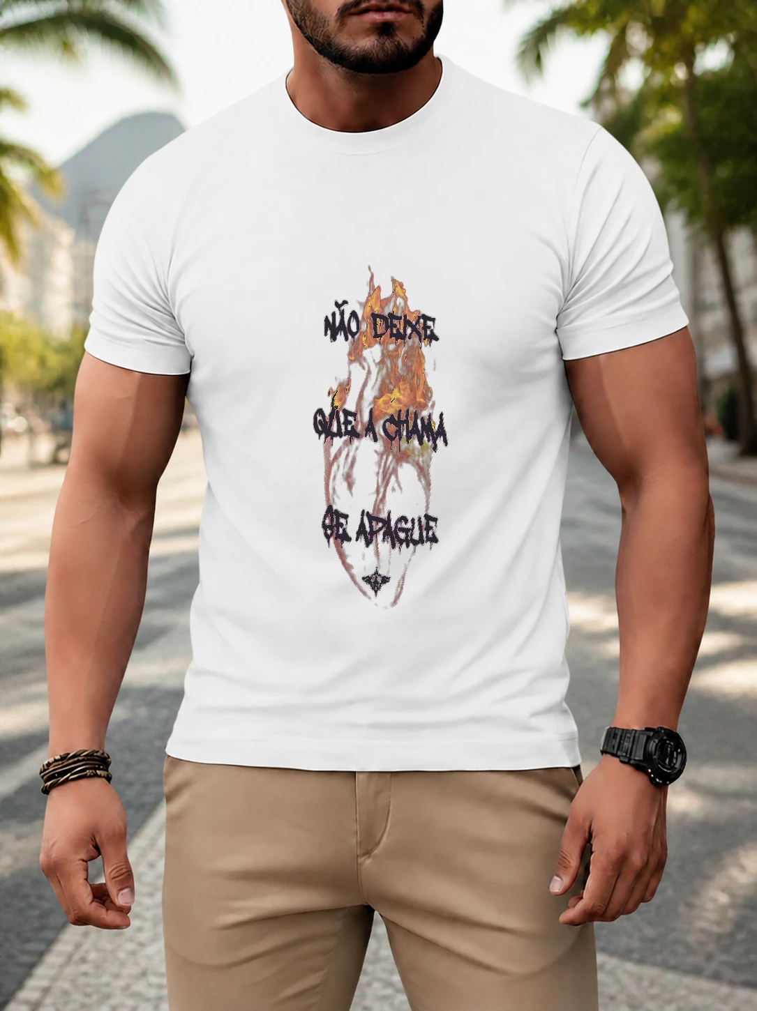 Camiseta dry Coração em Chamas em cena de uso no Brasil