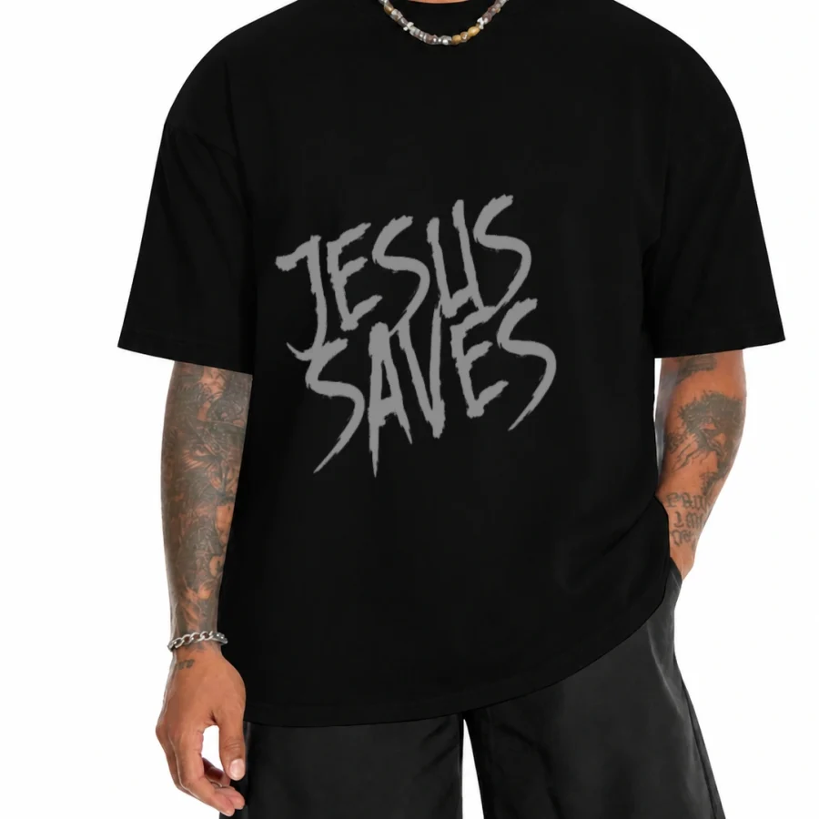 Camiseta 180g Jesus Saves M-1 em mockup frontal