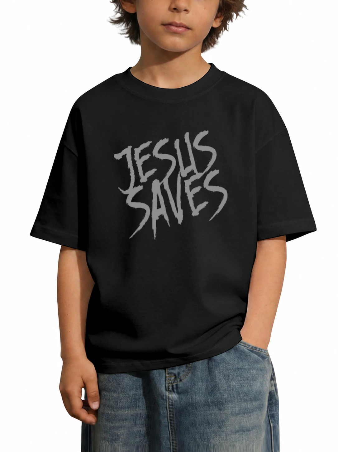 Camiseta infantil 180g Jesus Saves M-1 | Fé que Veste