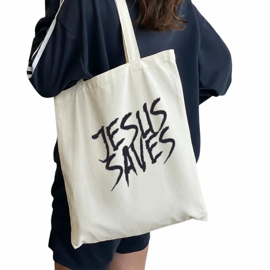 Ecobag de algodão Jesus Saves M-1 em mockup frontal