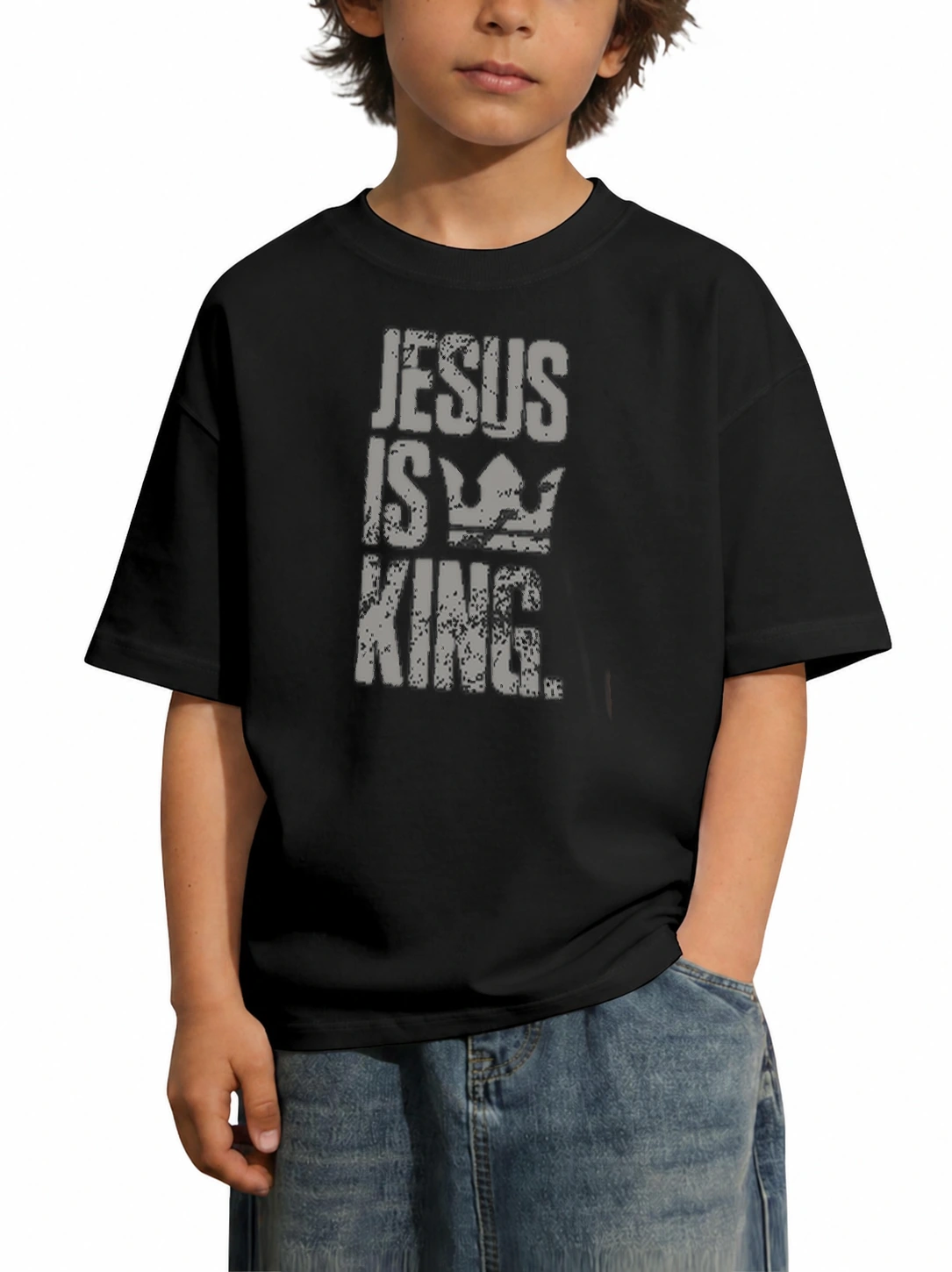 Camiseta infantil 180g Jesus Is King M-2 | Fé que Veste